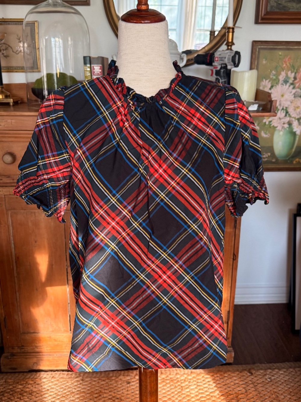 J Crew Plaid Puff-Sleeve Mock Neck Blouse Black Red Tartan Preppy Holiday